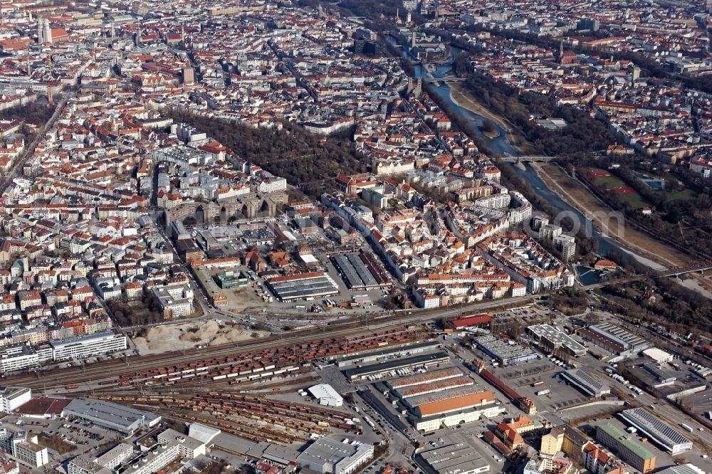 München from the bird's eye view: View over Sendling from the wholesale market hall over the slaughterhouse to the city center of Munich in the state of Bavaria