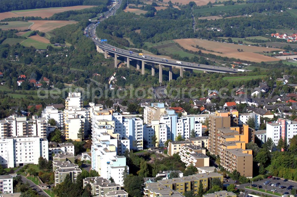 WÜRZBURG from above - Blick über Würzburg Stadtteil Heuchelhof mit dem Autobahnviadukt der A3 im Hintergrund. Würzburg ist eine kreisfreie Stadt im bayerischen Regierungsbezirk Unterfranken mit Sitz der Regierung von Unterfranken, des Bezirks Unterfranken und des Landratsamtes Würzburg. Kontakt: Stadt Würzburg, Rückermainstrasse 2, 97070 Würzburg, Tel. +49 (0)9 31 37-0, Fax +49 (0)9 31 37 33 73, e-mail: info@stadt.wuerzburg.de