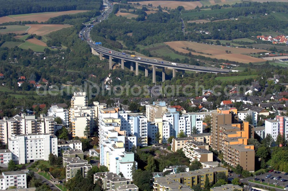 WÜRZBURG from the bird's eye view: Blick über Würzburg Stadtteil Heuchelhof mit dem Autobahnviadukt der A3 im Hintergrund. Würzburg ist eine kreisfreie Stadt im bayerischen Regierungsbezirk Unterfranken mit Sitz der Regierung von Unterfranken, des Bezirks Unterfranken und des Landratsamtes Würzburg. Kontakt: Stadt Würzburg, Rückermainstrasse 2, 97070 Würzburg, Tel. +49 (0)9 31 37-0, Fax +49 (0)9 31 37 33 73, e-mail: info@stadt.wuerzburg.de