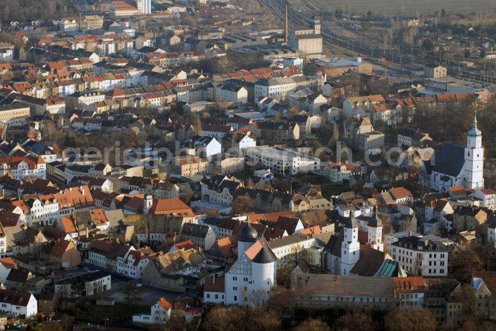 Aerial image Wurzen - Stadtansicht von Wurzen mit Blick auf den romanischen Dom St. Marien (mitte), Schloss Wurzen (links) und der Stadtkirche St. Wenceslai (rechts) aus dem 13. Jahrhundert. Kontakt: Schloss Wurzen Betriebsgesellschaft mbH, Amtshof 2 04808 Wurzen, Tel. +49(0)3425 8535 90, Fax +49(0)3425 8537 43, Email: info@schloss-wurzen.de; Dom St. Marien Ev.-Luth. Pfarramt Wurzen, Domplatz 9 04808 Wurzen, Tel. +49(0)3425 9050 0, Email: kg.wurzen@evlks.de; Stadtkirche St. Wenceslai, Wenceslaihof 2, 04808 Wurzen, zuständiges Pfarramt: Ev.-Luth. Pfarramt Wurzen, Domplatz 9 04808 Wurzen, Tel. +49(0)3425 9050 0, Email: kg.wurzen@evlks.de