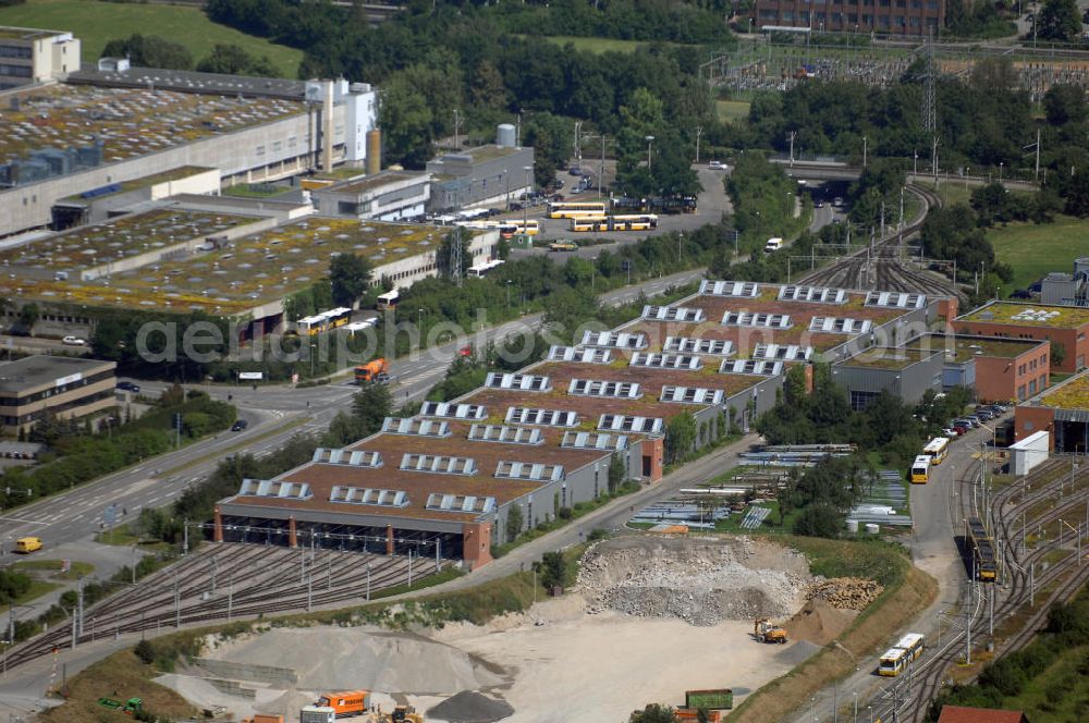 Aerial image Stuttgart - Blick auf den Betriebsbahnhof in Stuttgart-Möhringen. Es entstand 1989 der Betriebshof 2 Möhringen, der 1994 erweitert wurde und in dem in diesen Tagen 60 Stadtbahnen abgestellt sind. In dem Lagerhalle befindet sich überdies die Hauptwerkstatt der SSB und eine Waschanlage. Vom Betriebshof in Möhringen folgt der Wageneinsatz der Linien U1, U3, U5, U6, U7 und U8. Zum Speicher gehören auch die Abstellanlagen Gerlingen und Waldau. Kontakt: SSB-Adressen: Stuttgarter Straßenbahnen AG, Schockenriedstraße 50, 70565 Stuttgart, Tel. +49 (0)711 7885 3333, Fax +49 (0)711 7885 7777, Email service@mail.ssb-ag.de