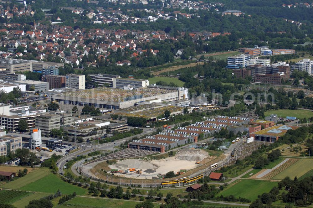 Aerial photograph Stuttgart - Blick auf den Betriebsbahnhof in Stuttgart-Möhringen. Es entstand 1989 der Betriebshof 2 Möhringen, der 1994 erweitert wurde und in dem in diesen Tagen 60 Stadtbahnen abgestellt sind. In dem Lagerhalle befindet sich überdies die Hauptwerkstatt der SSB und eine Waschanlage. Vom Betriebshof in Möhringen folgt der Wageneinsatz der Linien U1, U3, U5, U6, U7 und U8. Zum Speicher gehören auch die Abstellanlagen Gerlingen und Waldau. Kontakt: SSB-Adressen: Stuttgarter Straßenbahnen AG, Schockenriedstraße 50, 70565 Stuttgart, Tel. +49 (0)711 7885 3333, Fax +49 (0)711 7885 7777, Email service@mail.ssb-ag.de