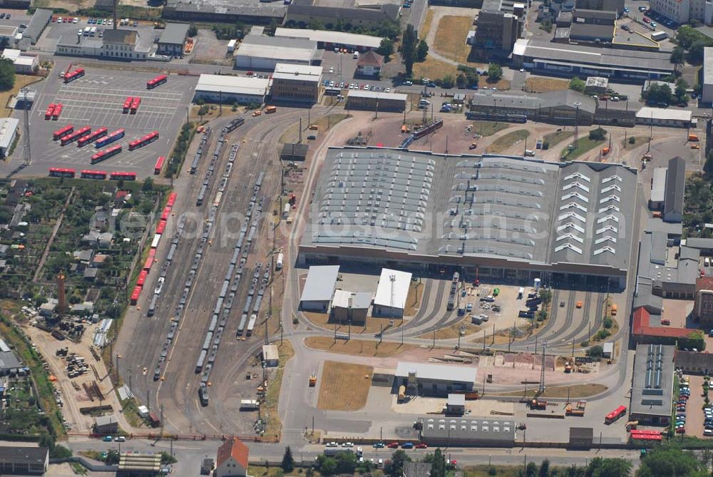 Aerial photograph Halle/Saale - Blick auf den Betriebshof der HAVAG (Hallenser Vekehrs AG) in der Freiimfelder Straße in Halle/Saale (Kontakt Pressestelle: Telefon 03 45 - 5 81 56 20, Telefax 03 45 - 5 81 56 25, E-Mail presse@havag.com)