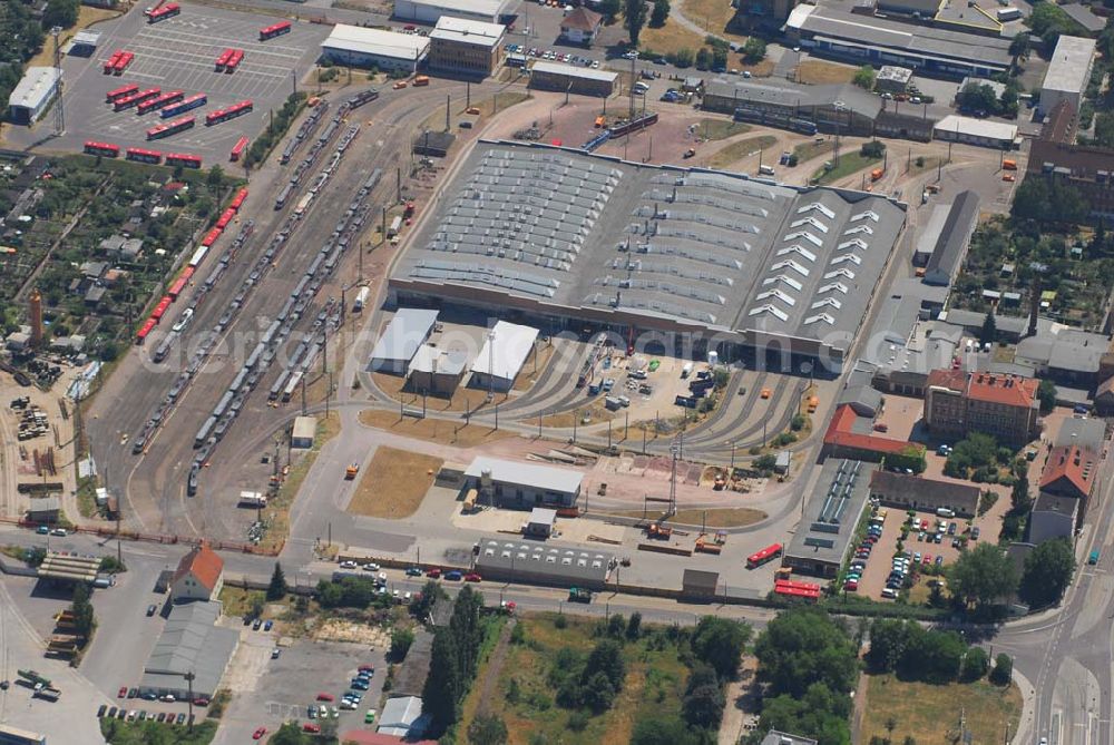 Halle/Saale from above - Blick auf den Betriebshof der HAVAG (Hallenser Vekehrs AG) in der Freiimfelder Straße in Halle/Saale (Kontakt Pressestelle: Telefon 03 45 - 5 81 56 20, Telefax 03 45 - 5 81 56 25, E-Mail presse@havag.com)