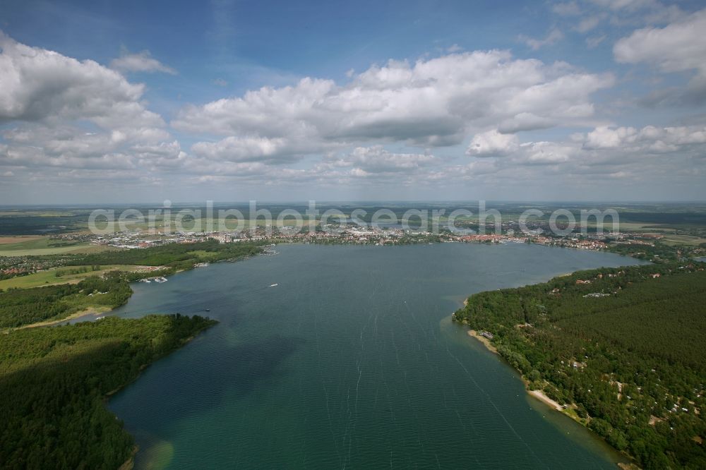 Waren (Müritz) from above - View of the Binnenmueritz and Waren (Mueritz) in the state of Mecklenburg-Vorpommern. You can see Waren in the background on the banks of Binnenmueritz