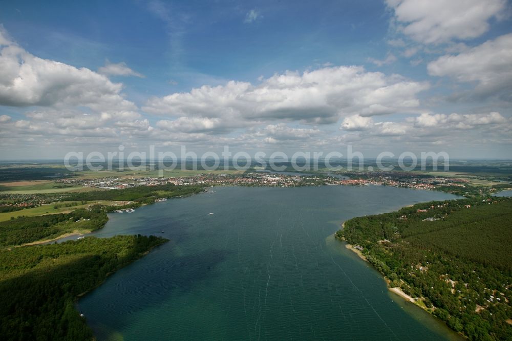 Waren (Müritz) from the bird's eye view: View of the Binnenmueritz and Waren (Mueritz) in the state of Mecklenburg-Vorpommern. You can see Waren in the background on the banks of Binnenmueritz