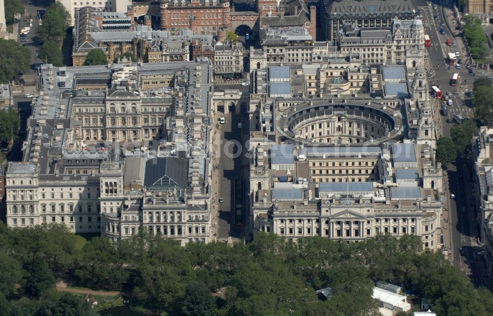 Aerial photograph London - View on the circular building Her Majesty's Treasury, which is the British government department for public finance and economic policy in London. The ministry and old tourist attraction, which was constructed in 1126, is managed by the Chancellor of the Exchequer and has detailed output lists