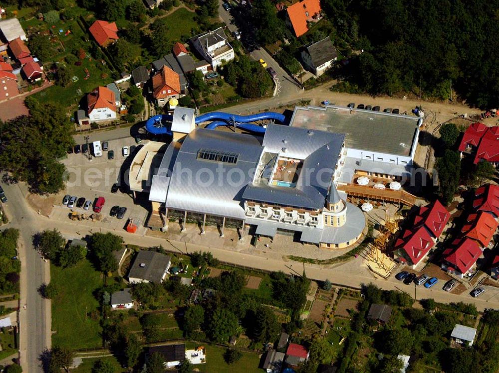 Wernigerode from the bird's eye view: 29.08.2005 Wernigerode, Nesseltal 11,38855 Wernigerode, Der HASSERÖDER FERIENPARK im Ortsteil Hasserode, der nahtlos in die Stadt Wernigerode übergeht, eröffnete im Frühjahr 2005. Das Brockenbad im Hasseröder Ferienpark hat alles, was ein Erlebnisbad erst richtig spannend und entspannend macht.