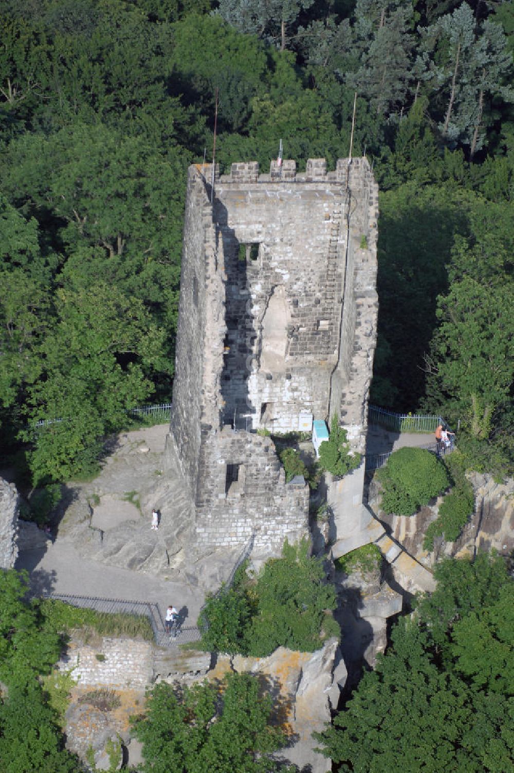 Königswinter from the bird's eye view: Blick auf die Burgruine vom Drachenfels im Siebengebirge. Die Burg wurde im 12. Jahrhunder gebaut und befindet sich auf dem Berg Drachenfels. Die Burg nahm immer mehr Schäden, sodass sie schließlich gestützt werden musste. Im Sommer 2008 sollen Restaurierungsarbeiten an der Ruine beginnen wobei Fugen und Mauerwerk an Teilen der Umfassungsmauer sowie am gesamten Bergfried saniert werden.