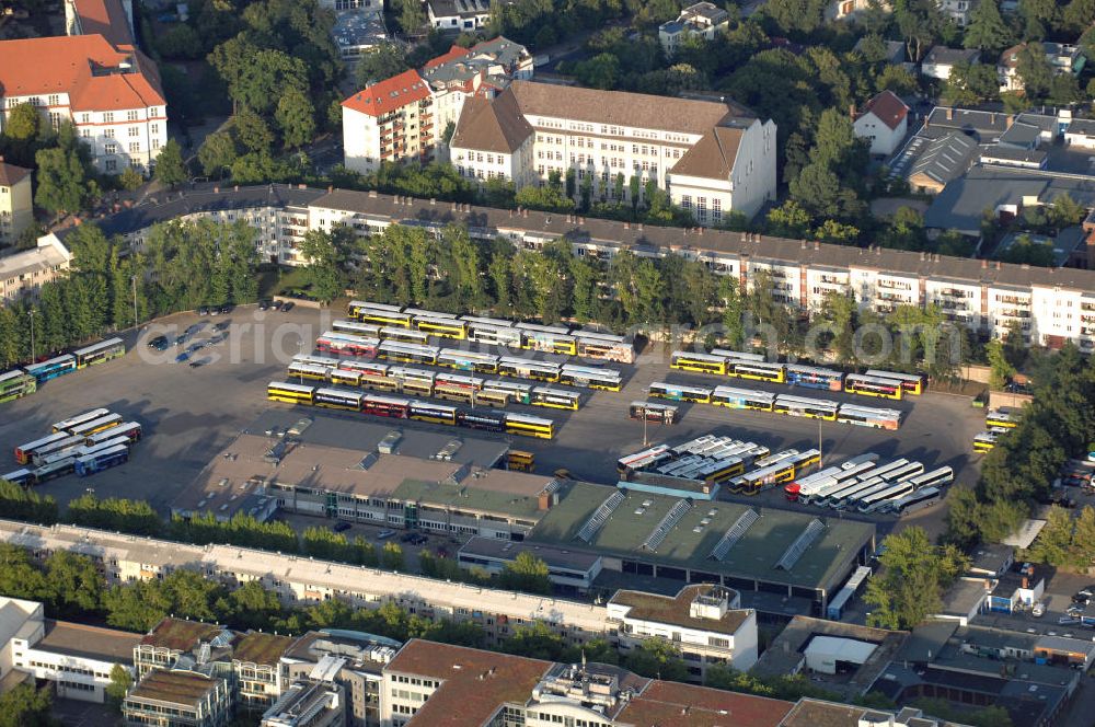 Berlin from the bird's eye view: Blick auf das BVG Busdepot im Berliner Bezirk Charlottenburg-Wilmersdorf. Dieser Betriebshof, der älteste aller Berliner Verkehrsbetriebe, befindet sich in der Cicerostraße / Westfälische Straße inmitten eines Wohngebietes. Kontakt: