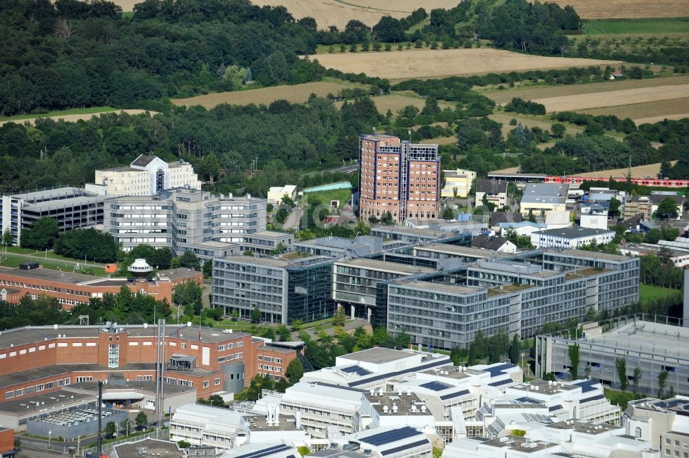 Langen from above - View of the campus of the German Air Traffic Control as well as the Paul Ehrlich Institute in Langen in Hesse. The German Air Traffic Control (DFS) is the civil aviation administration of federal, led by the Federal Ministry of Transport, Building and Urban Development (BMVBS). DFS is currently building a technology center, which was designed by the architectural firm Brown Volleth and is scheduled for late 2014. The Paul-Ehrlich-Institut is the Federal Institute for Vaccines and biomedical drug