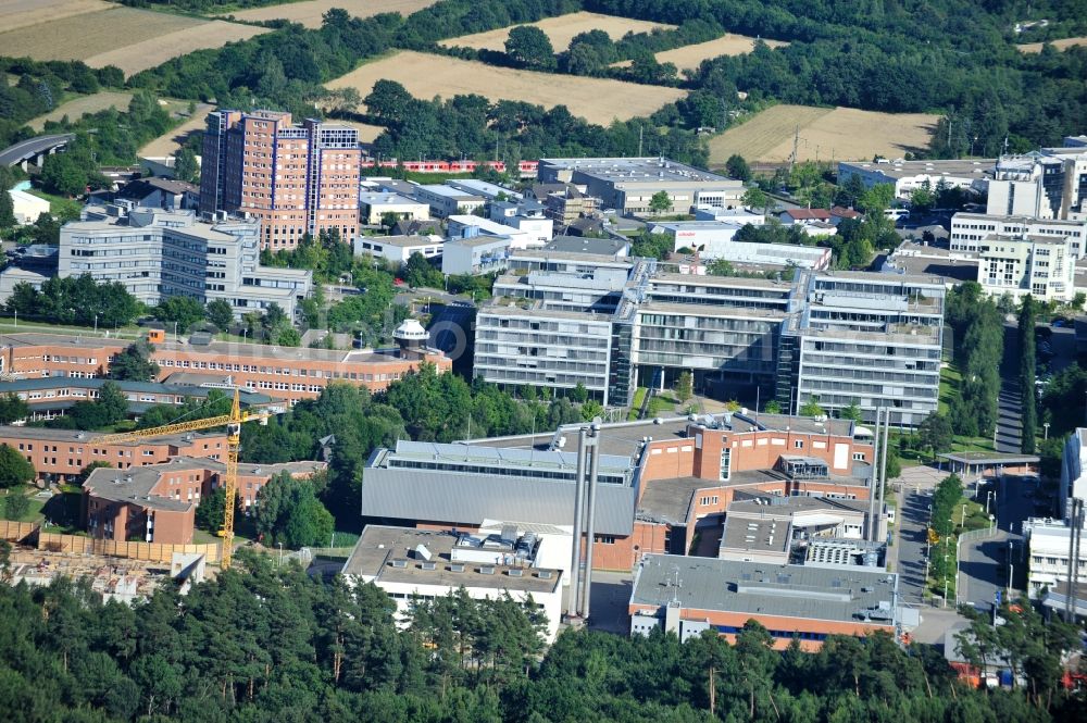 Langen from above - View of the campus of the German Air Traffic Control as well as the Paul Ehrlich Institute in Langen in Hesse. The German Air Traffic Control (DFS) is the civil aviation administration of federal, led by the Federal Ministry of Transport, Building and Urban Development (BMVBS). DFS is currently building a technology center, which was designed by the architectural firm Brown Volleth and is scheduled for late 2014. The Paul-Ehrlich-Institut is the Federal Institute for Vaccines and biomedical drug