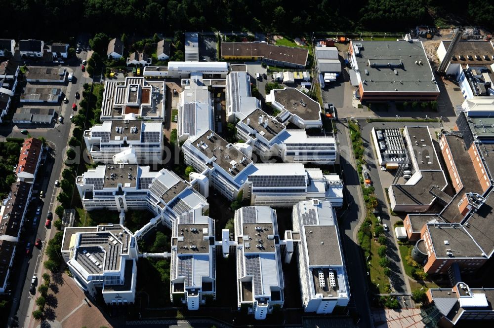 Langen from above - View of the campus of the German Air Traffic Control as well as the Paul Ehrlich Institute in Langen in Hesse. The German Air Traffic Control (DFS) is the civil aviation administration of federal, led by the Federal Ministry of Transport, Building and Urban Development (BMVBS). DFS is currently building a technology center, which was designed by the architectural firm Brown Volleth and is scheduled for late 2014. The Paul-Ehrlich-Institut is the Federal Institute for Vaccines and biomedical drug