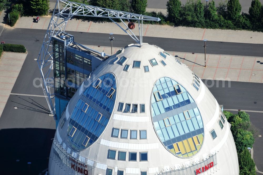 Aerial photograph Dettelbach - View of the Cineworld cinema in the industrial area Mainfrankenpark Dettelbach in Bavaria. Designed by the architect office PLANWERK and opened in 1999, the egg-shaped building is a member of the Cineplex Group since 2004