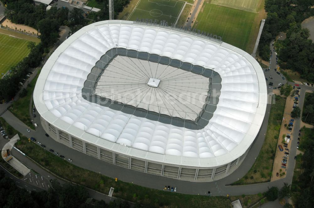 Frankfurt am Main from the bird's eye view: Blick auf die Commerzbank Arena (ehem. Waldstadion) in Frankfurt. Das Stadion ist die Heimspielstätte des Fußball-Bundesligisten Eintracht Frankfurt. View of the Commerzbank Arena (formerly Waldstadion) in Frankfurt. The stadium is the home ground of the Bundesliga football team Eintracht Frankfurt.