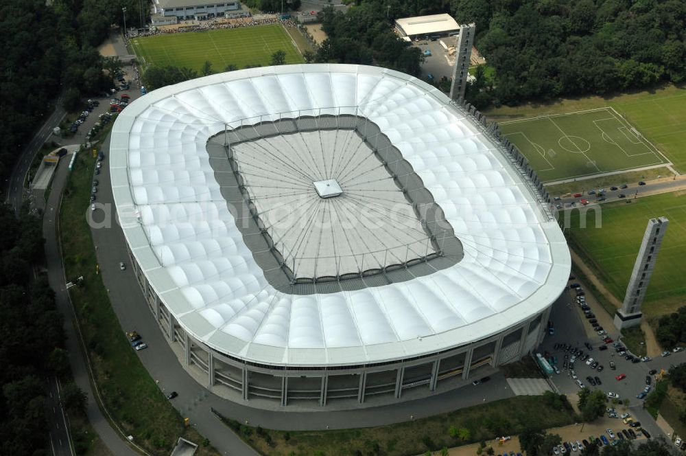 Aerial photograph Frankfurt am Main - Blick auf die Commerzbank Arena (ehem. Waldstadion) in Frankfurt. Das Stadion ist die Heimspielstätte des Fußball-Bundesligisten Eintracht Frankfurt. View of the Commerzbank Arena (formerly Waldstadion) in Frankfurt. The stadium is the home ground of the Bundesliga football team Eintracht Frankfurt.