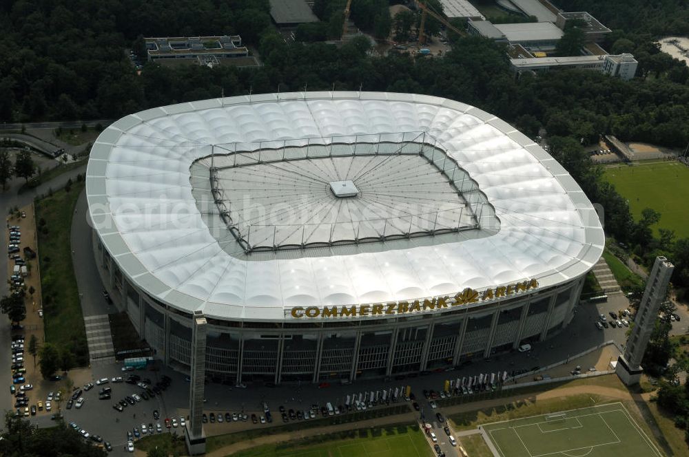 Frankfurt am Main from the bird's eye view: Blick auf die Commerzbank Arena (ehem. Waldstadion) in Frankfurt. Das Stadion ist die Heimspielstätte des Fußball-Bundesligisten Eintracht Frankfurt. View of the Commerzbank Arena (formerly Waldstadion) in Frankfurt. The stadium is the home ground of the Bundesliga football team Eintracht Frankfurt.