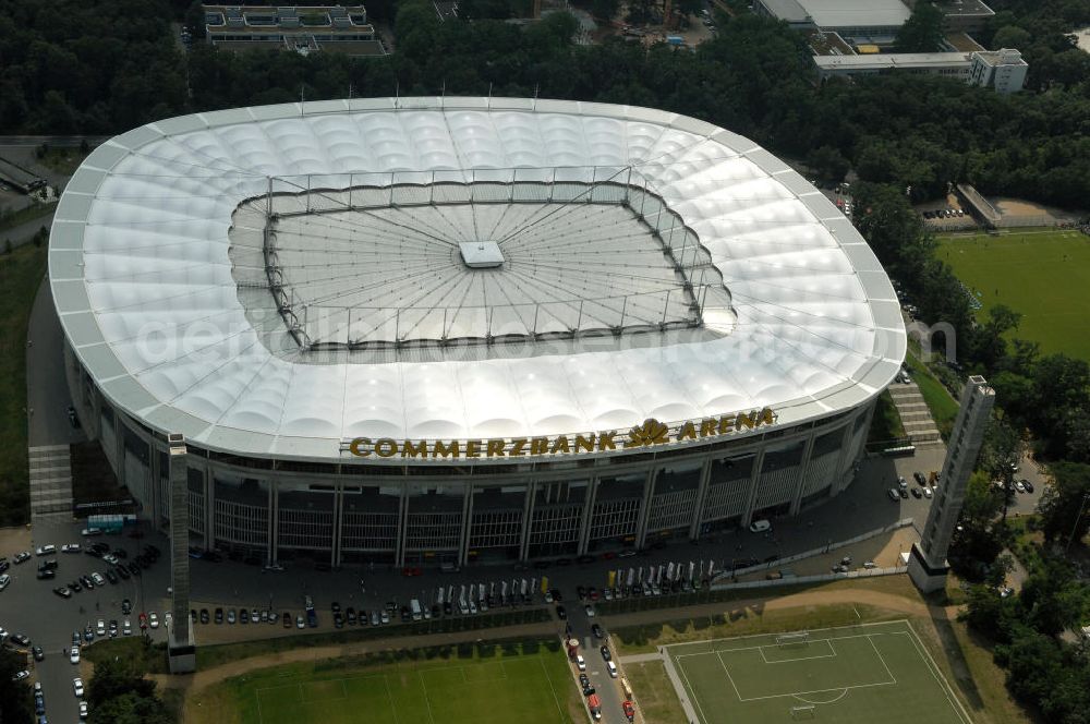 Aerial image Frankfurt am Main - Blick auf die Commerzbank Arena (ehem. Waldstadion) in Frankfurt. Das Stadion ist die Heimspielstätte des Fußball-Bundesligisten Eintracht Frankfurt. View of the Commerzbank Arena (formerly Waldstadion) in Frankfurt. The stadium is the home ground of the Bundesliga football team Eintracht Frankfurt.