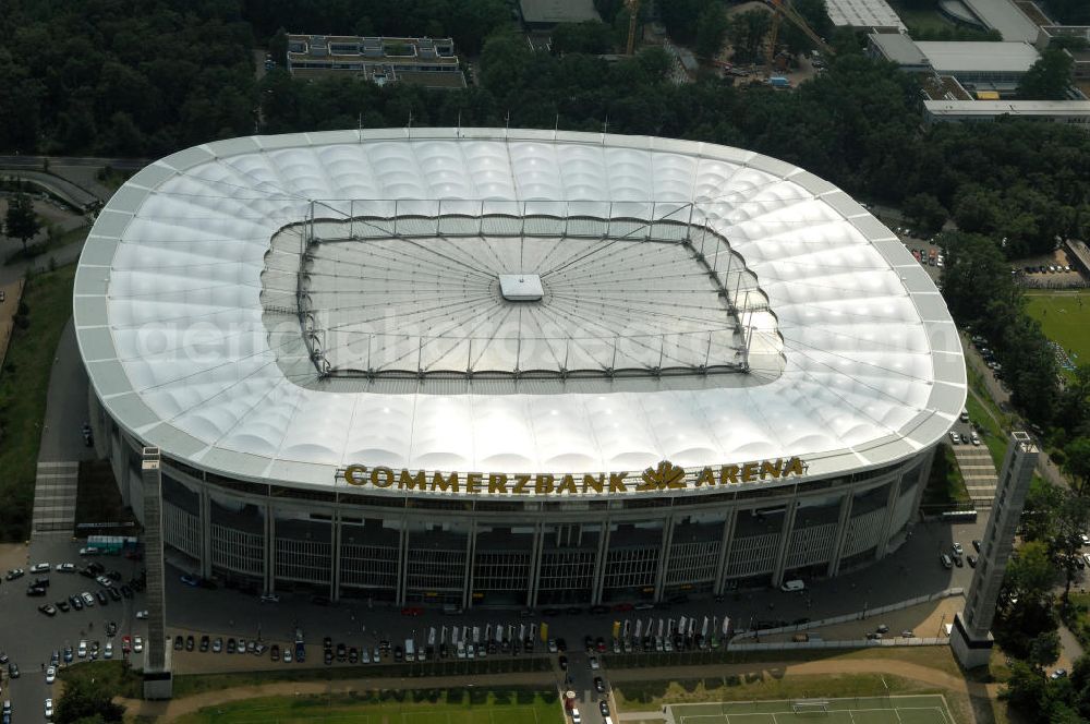 Aerial photograph Frankfurt am Main - Blick auf die Commerzbank Arena (ehem. Waldstadion) in Frankfurt. Das Stadion ist die Heimspielstätte des Fußball-Bundesligisten Eintracht Frankfurt. View of the Commerzbank Arena (formerly Waldstadion) in Frankfurt. The stadium is the home ground of the Bundesliga football team Eintracht Frankfurt.