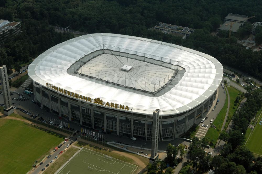 Frankfurt am Main from above - Blick auf die Commerzbank Arena (ehem. Waldstadion) in Frankfurt. Das Stadion ist die Heimspielstätte des Fußball-Bundesligisten Eintracht Frankfurt. View of the Commerzbank Arena (formerly Waldstadion) in Frankfurt. The stadium is the home ground of the Bundesliga football team Eintracht Frankfurt.