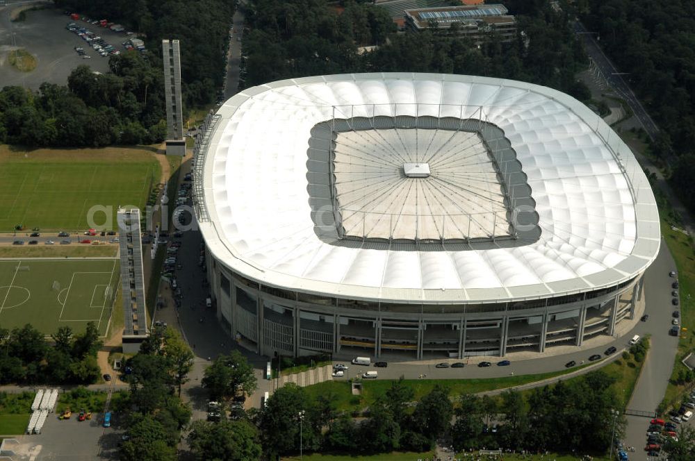 Frankfurt am Main from the bird's eye view: Blick auf die Commerzbank Arena (ehem. Waldstadion) in Frankfurt. Das Stadion ist die Heimspielstätte des Fußball-Bundesligisten Eintracht Frankfurt. View of the Commerzbank Arena (formerly Waldstadion) in Frankfurt. The stadium is the home ground of the Bundesliga football team Eintracht Frankfurt.