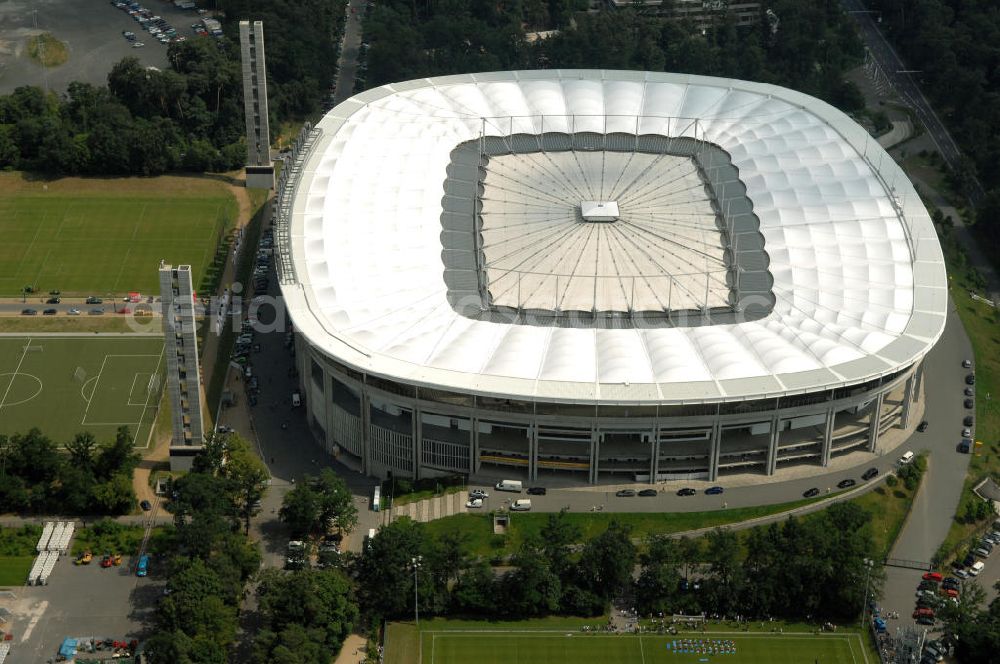 Aerial image Frankfurt am Main - Blick auf die Commerzbank Arena (ehem. Waldstadion) in Frankfurt. Das Stadion ist die Heimspielstätte des Fußball-Bundesligisten Eintracht Frankfurt. View of the Commerzbank Arena (formerly Waldstadion) in Frankfurt. The stadium is the home ground of the Bundesliga football team Eintracht Frankfurt.