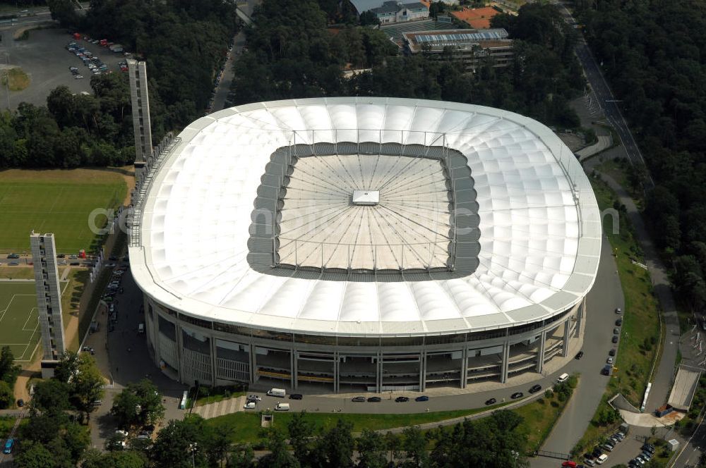 Aerial photograph Frankfurt am Main - Blick auf die Commerzbank Arena (ehem. Waldstadion) in Frankfurt. Das Stadion ist die Heimspielstätte des Fußball-Bundesligisten Eintracht Frankfurt. View of the Commerzbank Arena (formerly Waldstadion) in Frankfurt. The stadium is the home ground of the Bundesliga football team Eintracht Frankfurt.