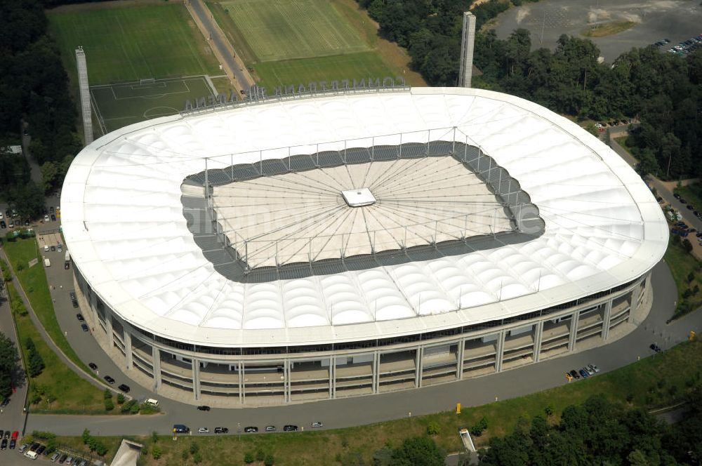 Frankfurt am Main from the bird's eye view: Blick auf die Commerzbank Arena (ehem. Waldstadion) in Frankfurt. Das Stadion ist die Heimspielstätte des Fußball-Bundesligisten Eintracht Frankfurt. View of the Commerzbank Arena (formerly Waldstadion) in Frankfurt. The stadium is the home ground of the Bundesliga football team Eintracht Frankfurt.