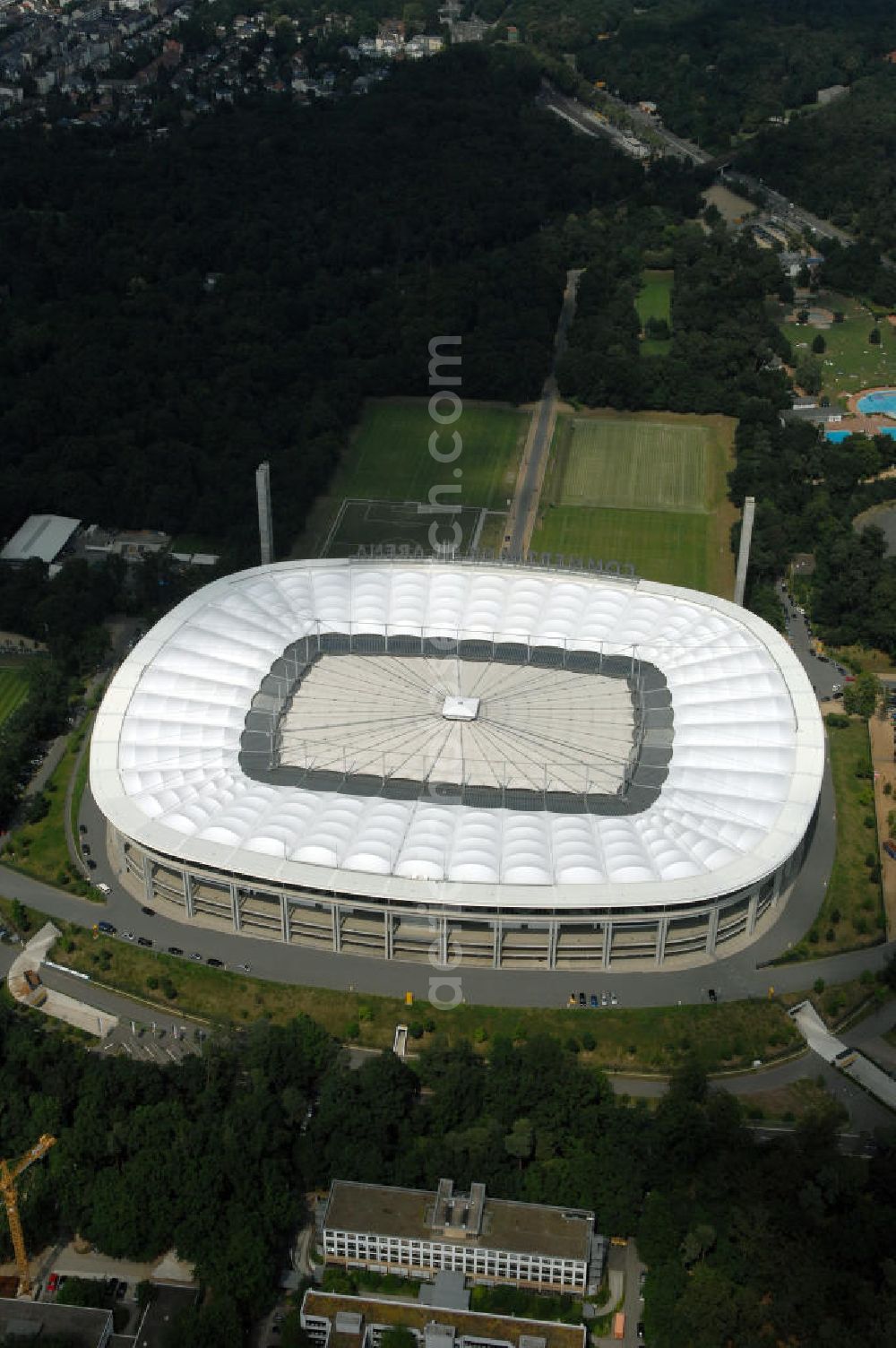 Aerial photograph Frankfurt am Main - Blick auf die Commerzbank Arena (ehem. Waldstadion) in Frankfurt. Das Stadion ist die Heimspielstätte des Fußball-Bundesligisten Eintracht Frankfurt. View of the Commerzbank Arena (formerly Waldstadion) in Frankfurt. The stadium is the home ground of the Bundesliga football team Eintracht Frankfurt.