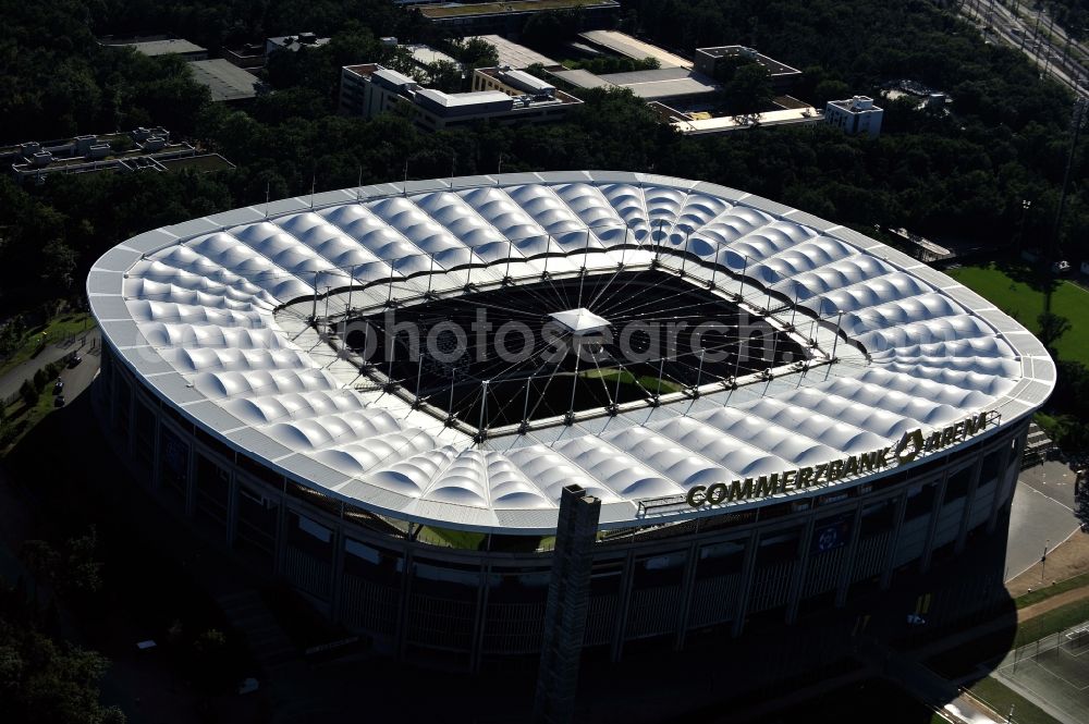 Frankfurt am Main from the bird's eye view: View of the Commerzbank Arena in Frankfurt am Main. The arena, which is often called Walstadion, is located south of the river Main. The stadium, which opened in 1925 and has since then been repeatedly modernized, was on the occasion of the FIFA World Cup 2006 designed by the architectural firm Gerkan, Marg and Partners and built between 2002 and 2005 as a pure soccer stadium. With a capacity of 51,500 spectators, it is one of the ten largest soccer stadiums in Germany. The opening of the new stadium took place in June 2005