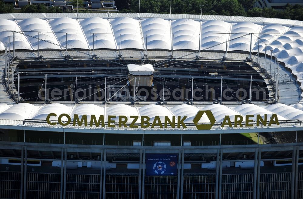 Frankfurt am Main from above - View of the Commerzbank Arena in Frankfurt am Main. The arena, which is often called Walstadion, is located south of the river Main. The stadium, which opened in 1925 and has since then been repeatedly modernized, was on the occasion of the FIFA World Cup 2006 designed by the architectural firm Gerkan, Marg and Partners and built between 2002 and 2005 as a pure soccer stadium. With a capacity of 51,500 spectators, it is one of the ten largest soccer stadiums in Germany. The opening of the new stadium took place in June 2005