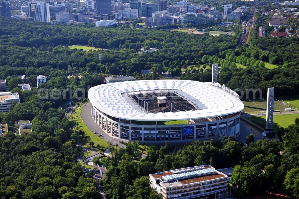 Aerial image Frankfurt am Main - View of the Commerzbank Arena in Frankfurt am Main. The arena, which is often called Walstadion, is located south of the river Main. The stadium, which opened in 1925 and has since then been repeatedly modernized, was on the occasion of the FIFA World Cup 2006 designed by the architectural firm Gerkan, Marg and Partners and built between 2002 and 2005 as a pure soccer stadium. With a capacity of 51,500 spectators, it is one of the ten largest soccer stadiums in Germany. The opening of the new stadium took place in June 2005