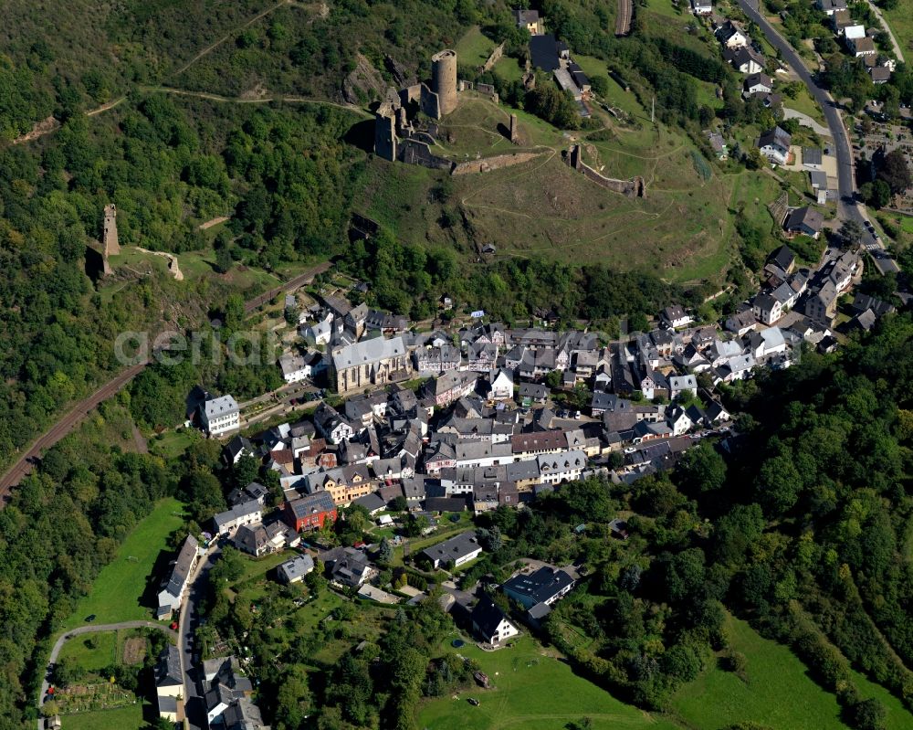 Monreal from above - View of the village Monreal in Rhineland-Palatinate. Above the village are the ruins of the Loewenburg and the Phillipsburg