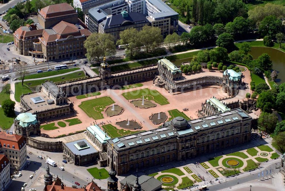 Aerial photograph Dresden - Blick auf den Dresdner Zwinger. Im Zwinger befindet sich die Gemäldegalerie Alte Meister. Kontakt: Gemäldegalerie Alte Meister, Zwinger, Semperbau, 01067 Dresden, Tel: (+49) 351 - 4 91 46 19, Fax: (+49) 351 - 4 91 46 16