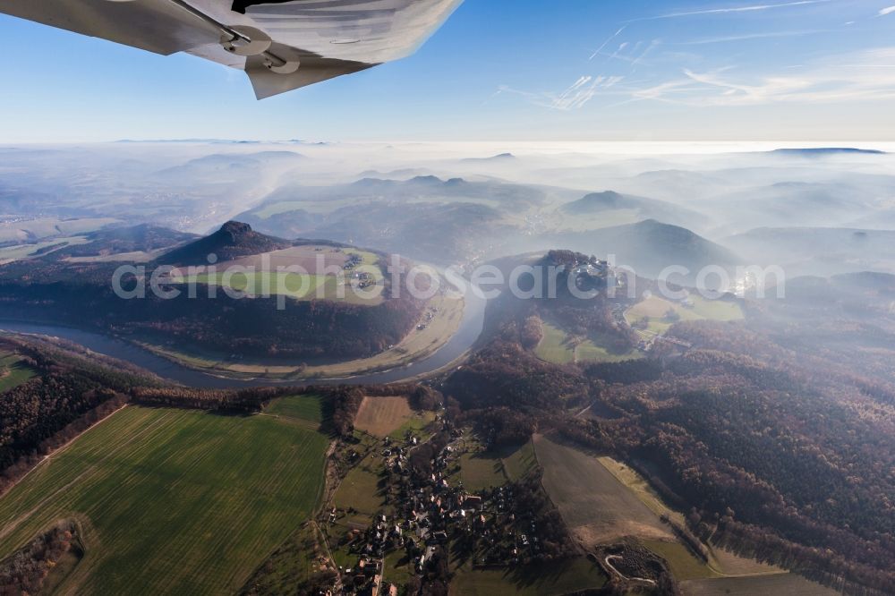 Aerial image Königstein - Flight through the early morning fog enveloped with Elbe valley in Saxon Switzerland in Königstein in Saxony