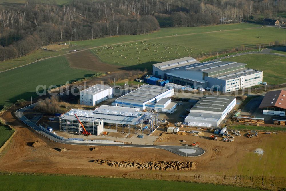 Crimmitschau from the bird's eye view: Blick auf den Erweiterungsbau der RUDERT Edelstahl-Technik GmbH, Sachsenweg 3, 08451 Crimmitschau, Tel. +49 (0)3762 9561110, Fax +49 (0)3762 9561150, E-Mail: info@rudert-edelstahl.de