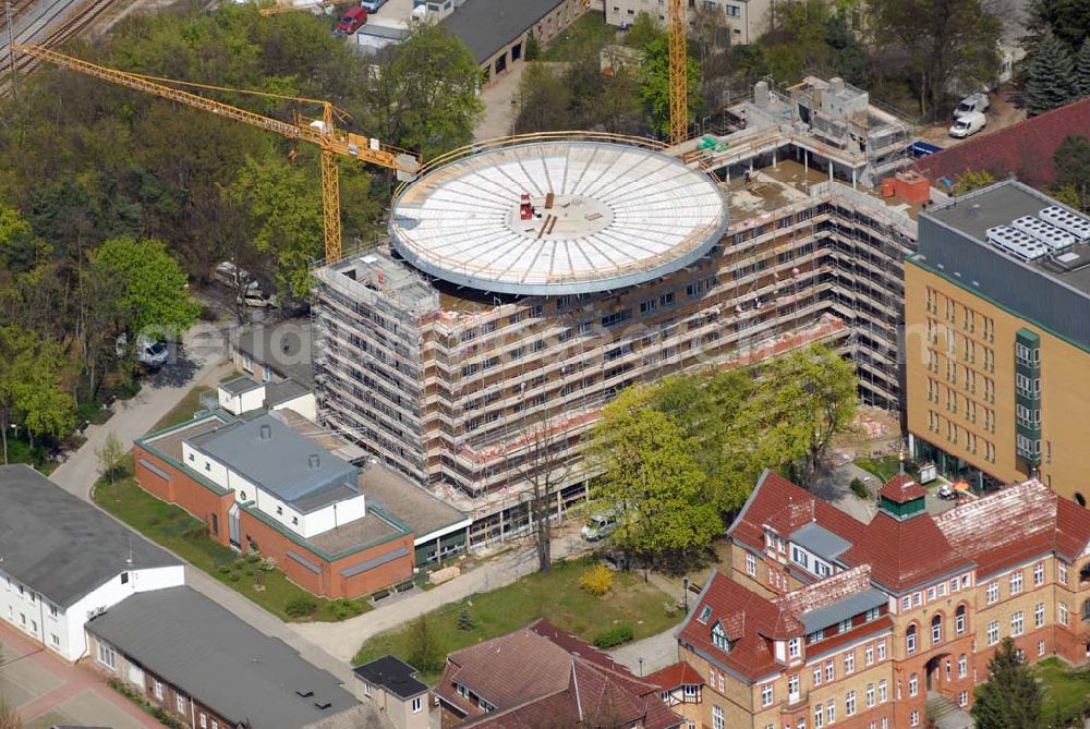 Eberswalde from the bird's eye view: Blick auf die Erweiterungsbaustelle des Klinikum Barnim GmbH, Werner Forßmann Krankenhaus,Rudolf-Breitscheid-Straße 100,16225 Eberswalde Tel.: (033 34) 69-22 05, Fax: (033 34) 231 21, E-Mail: gf@klinikum-barnim.de