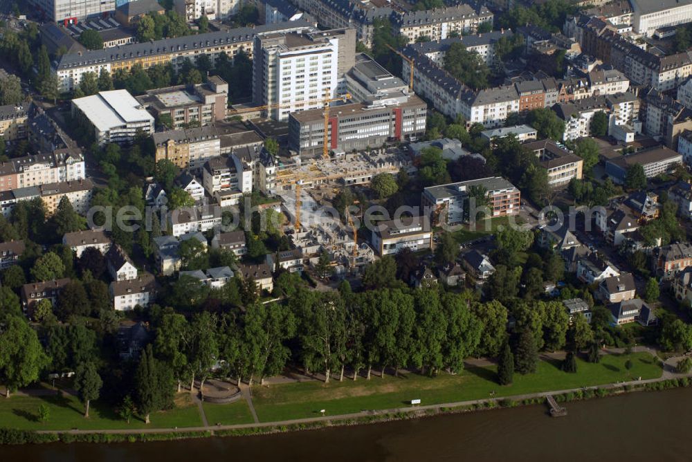 Aerial photograph KOBLENZ - Blick auf die Erweiterungsbaustelle des Stiftungsklinikum Mittelrhein Gesundheitszentrum Evang. Stift Sankt Martin Koblenz. Die Baukrähne gehören der Firma Breuer & Wasel. Kontakt: Marketing Abteilung, Fraum Schmitz; Tel. 0261137 1970; Kontakt: BREUER&WASEL GmbH, Schwerlastlogistik und Turmdrehkrane, Walter-Gropius-Straße 1, 50126 Bergheim, Tel. 02271 465-0, Fax 02271 465-120, E-Mail mail@breuer-wasel.de, cgi.breuer-wasel.de