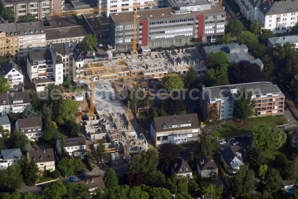 Aerial image KOBLENZ - Blick auf die Erweiterungsbaustelle des Stiftungsklinikum Mittelrhein Gesundheitszentrum Evang. Stift Sankt Martin Koblenz. Die Baukrähne gehören der Firma Breuer & Wasel. Kontakt: Marketing Abteilung, Fraum Schmitz; Tel. 0261137 1970; Kontakt: BREUER&WASEL GmbH, Schwerlastlogistik und Turmdrehkrane, Walter-Gropius-Straße 1, 50126 Bergheim, Tel. 02271 465-0, Fax 02271 465-120, E-Mail mail@breuer-wasel.de, cgi.breuer-wasel.de