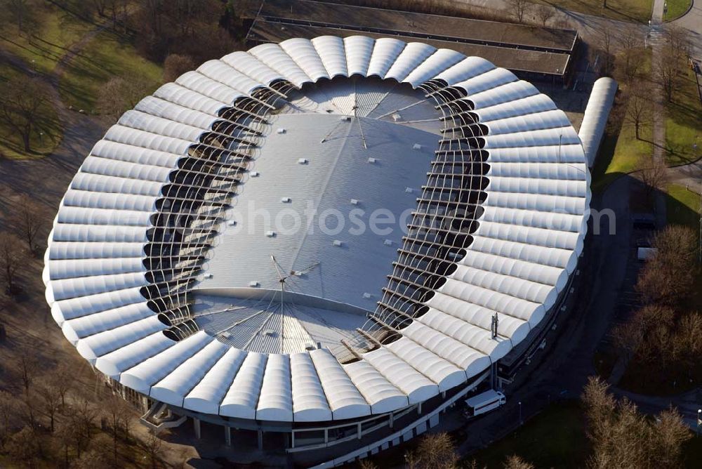 Aerial image München - , Blick auf die EVENT-ARENA in München. Die neue EVENT-ARENA der Olympiapark München GmbH. Das ehemalige Olympia-Radstadion im Olympiapark ist eine weitere attraktive Veranstaltungshalle, die gerade umgebaut und frisch renoviert wurde. Olympiapark München GmbH, Spiridon-Louis-Ring 21, 80809 München, Tel.: 089/30 67-0, Fax: 089/30 67-22 22, E-Mail: infoolympiapark-muenchen.de