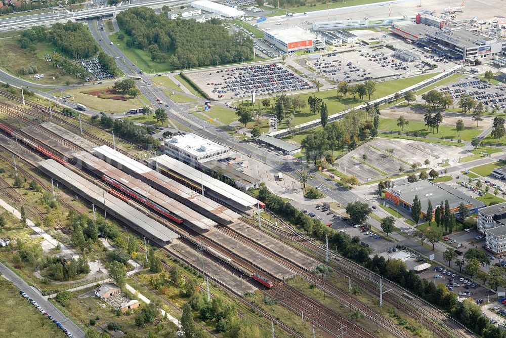 Aerial photograph Schönefeld - Blick auf den Fern- und S- Bahnhof am Flughafen Schönefeld, BBI. View of the suburban train and train station at Schönefeld airport, BBI.