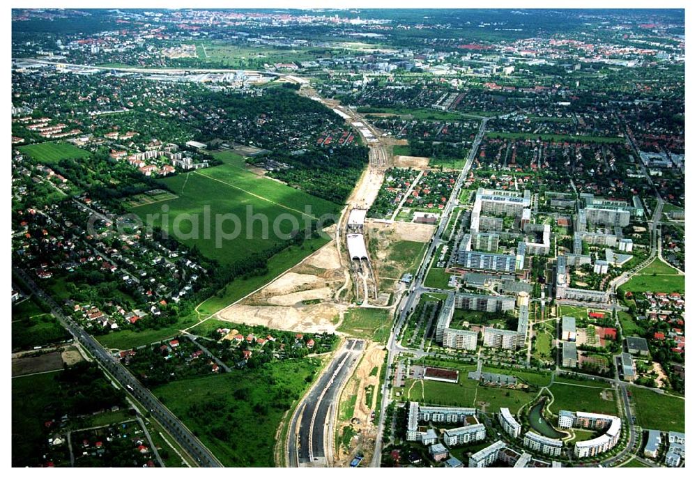 Schönefeld from the bird's eye view: 08.06.2005 Blick auf die fertig gestellte Zufahrtbrücke am Stadtautobahnzubringer am S-Bahnhof Berlin-Schönefeld. Ein Projekt der Schälerbau Berlin GmbH Baustelle der Schälerbau Berlin GmbH