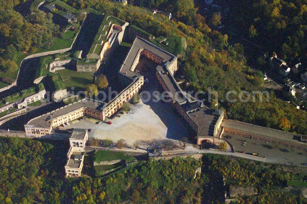 Aerial image Koblenz - 28.10 2005 Koblenz / Rheinland Pfalz, Blick auf die Festung Ehrenbreitstein im gleichnamigen Stadtviertel von Koblenz. Um die Mitte des 10. Jahrhundert erbaute ein Ehrembrecht aus dem Lahngauisch-Konradinischen Herzogsgeschlecht hier eine Burg. Besucher aus aller Welt kommen auf den Ehrenbreitstein, nicht nur wegen der architektonischen Schönheit und der Museen, sondern vor allem wegen der prächtigen Lage über den beiden Flüssen.