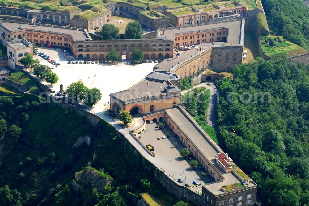 Aerial image Koblenz - Blick auf die Festung Ehrenbreitstein in Koblenz. Die Festung Ehrenbreitsten wurde im 16. Jhd. auf der ursprünglichen Burganlage aus dem 11. Jhd. errichtet. Sie war zuerst eine kurtrierischen, später eine preußische Festung. Nachdem die barocke Anlage in der Französischen Revolution gesprengt wurden, wurde sie zwischen 1817 und 1828 neu errichtet. Heute befindet sich hier das Landesmuseum Koblenz und eine Jugendherberge. Seit 2002 ist sie Teil des UNESCO-Weltkulturerbes. Kontakt Landesmuseum: Landesmuseum Koblenz, Festung Ehrenbreitstein, 56077 Koblenz, Telefon.: 02 61/66 75-0, Telefax: 02 61/70 19 89,