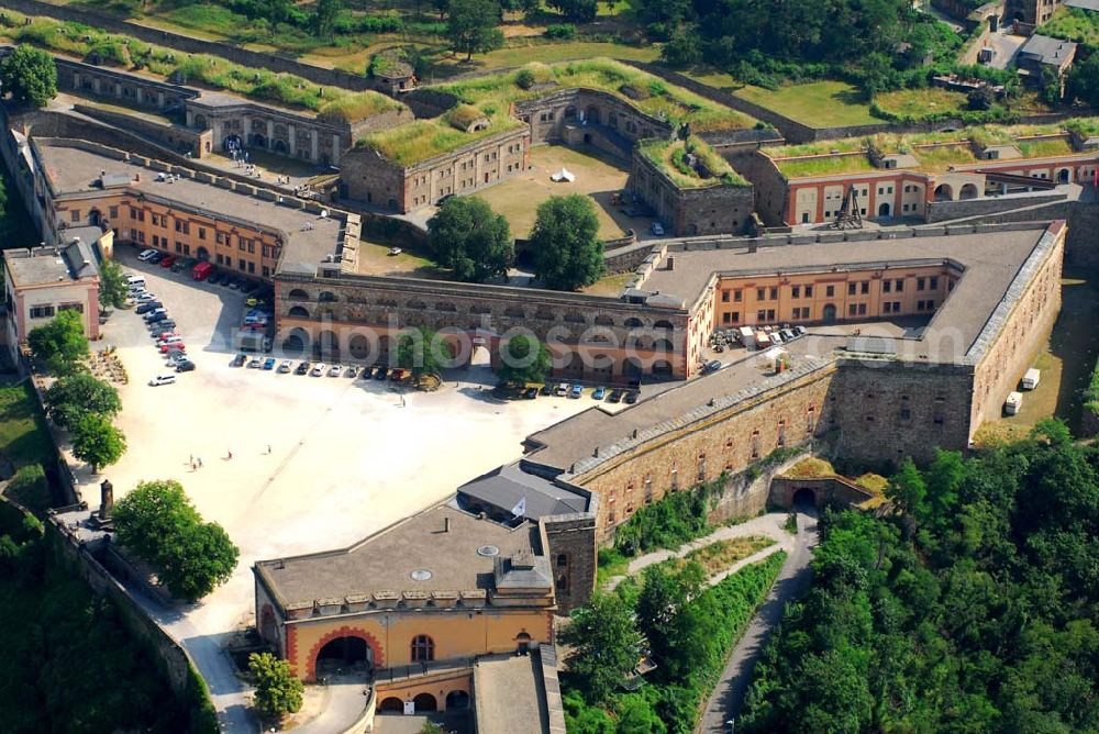 Aerial photograph Koblenz - Blick auf die Festung Ehrenbreitstein in Koblenz. Die Festung Ehrenbreitsten wurde im 16. Jhd. auf der ursprünglichen Burganlage aus dem 11. Jhd. errichtet. Sie war zuerst eine kurtrierischen, später eine preußische Festung. Nachdem die barocke Anlage in der Französischen Revolution gesprengt wurden, wurde sie zwischen 1817 und 1828 neu errichtet. Heute befindet sich hier das Landesmuseum Koblenz und eine Jugendherberge. Seit 2002 ist sie Teil des UNESCO-Weltkulturerbes. Kontakt Landesmuseum: Landesmuseum Koblenz, Festung Ehrenbreitstein, 56077 Koblenz, Telefon.: 02 61/66 75-0, Telefax: 02 61/70 19 89,