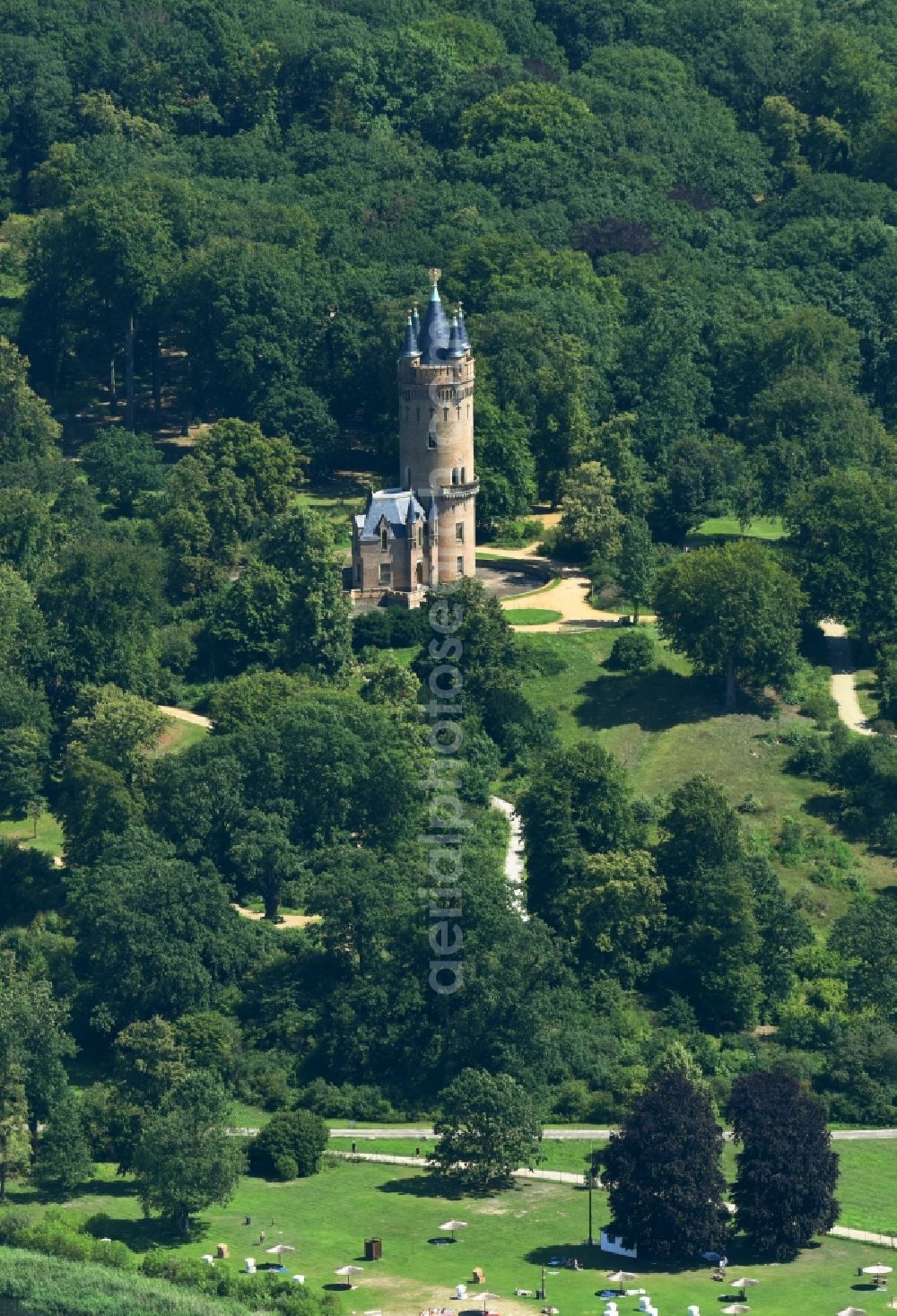 Aerial photograph Potsdam - View of the Flatowturm in the park Babelsberg