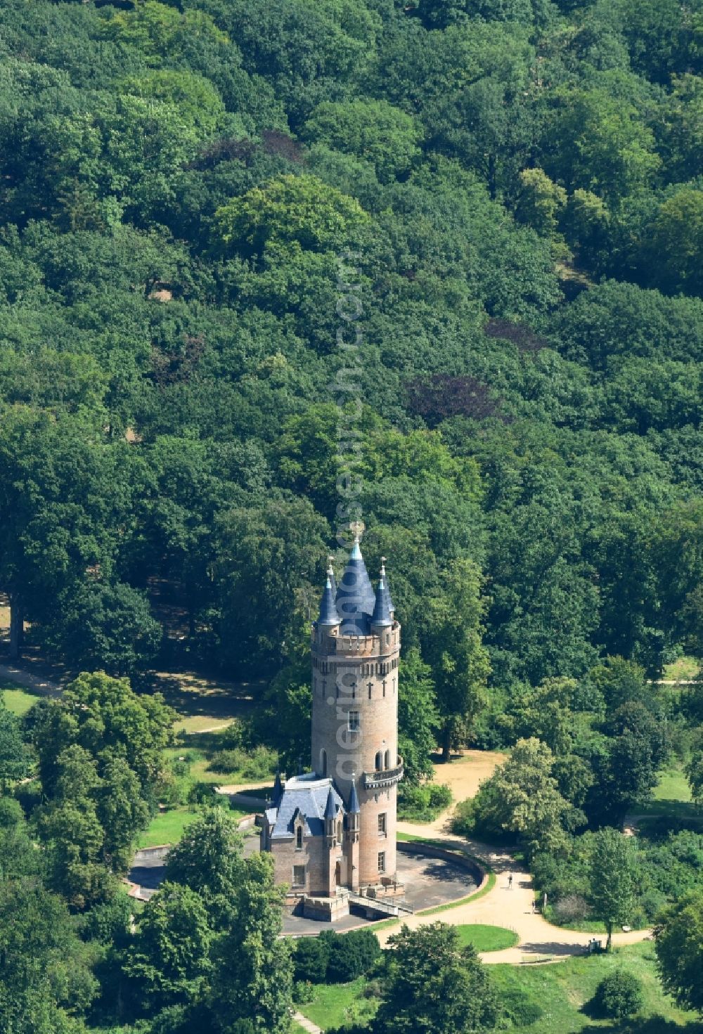 Potsdam from above - View of the Flatowturm in the park Babelsberg