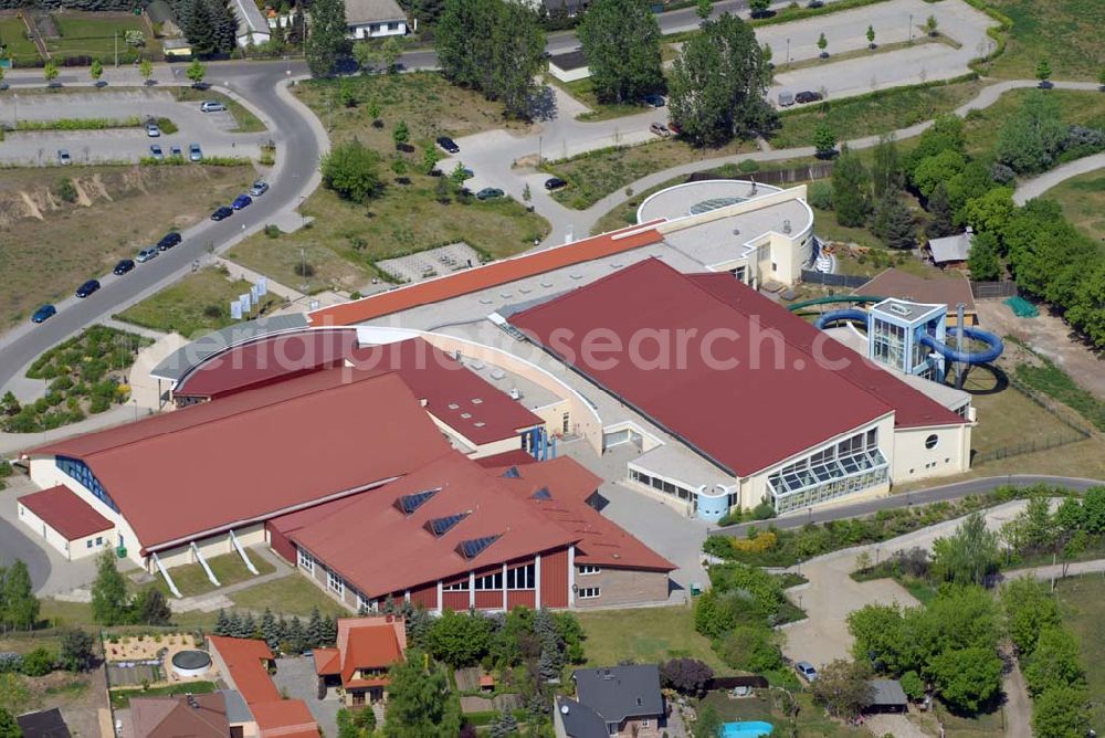 Aerial photograph Luckenwalde - Blick auf die Flämingtherme in Luckenwalde - Kontakt Betreiber: Aquapark Management Dr. Quell & Partner GmbH, Geschäftsführer Dr. M. Quell, c/o Aquapark Management GmbH, Joseph-König-Strasse 15, 48147 Münster, Tel.: 0251 / 92535-0, Fax: 0251 / 92535-55, info@aquapark.de, http://