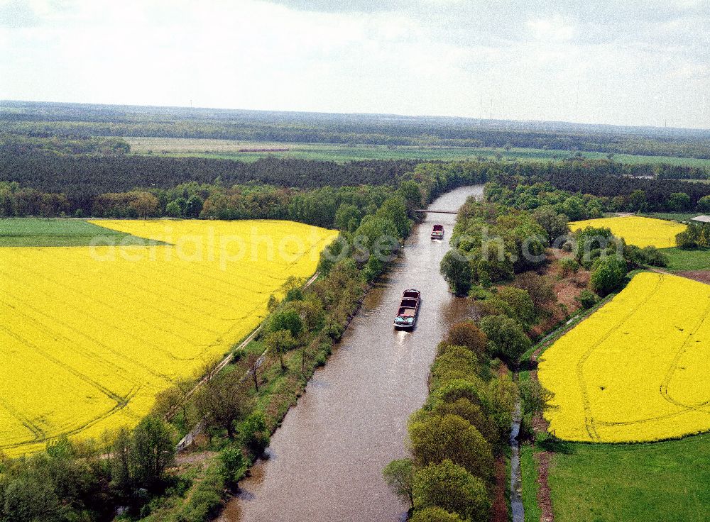 Burg / Sachsen-Anhalt from above - Blick auf die Frühjahrslandschaft am Elbe-Havel- Kanal bei Burg - Ausgleichs- und Ersatzmaßnahmen am Wasserstraßenkreuz Magdeburg / Elbe-Havel-Kanal. Ein Projekt des Wasserstraßenneubauamtes Magdeburg