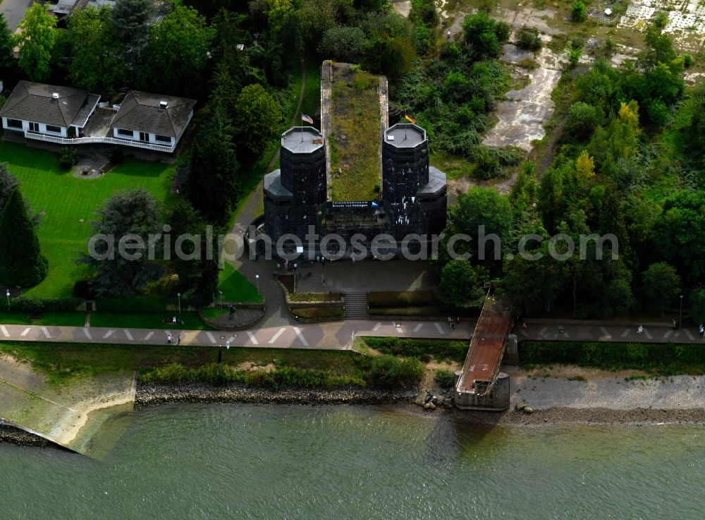 Remagen from above - View of the Museum of Peace and the bridge in Remagen in Rhineland-Palatinate. The bridge was blown up on the withdrawal of german troops during World War Two. The detonation failed, however, and the foundation of the bridge now houses the Museum of Peace